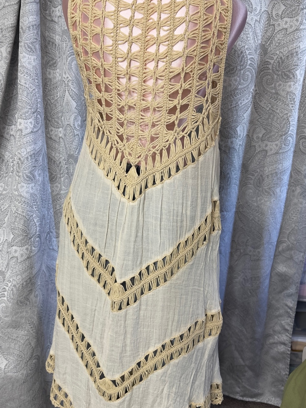 Dreamers Cream Crochet-Trim Sleeveless Long Vest - Picture 4 of 7
